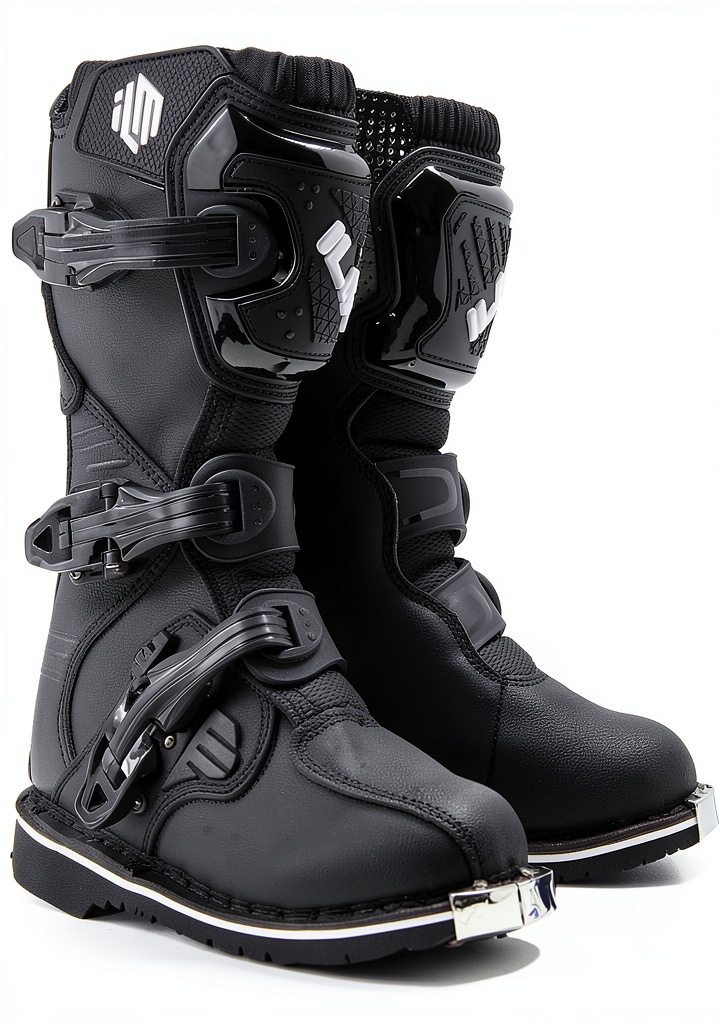 Child wearing ILM black motorcycle boots on a dirt bike