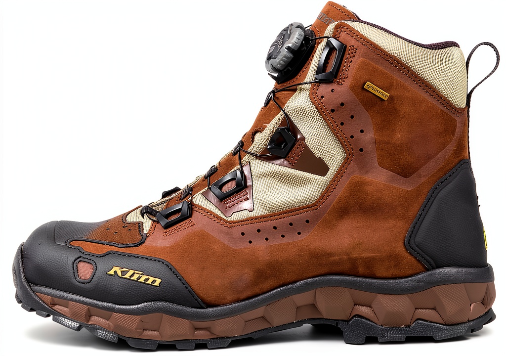Rider wearing BrandX GoreTex Leather motorcycle boots on a rainy road