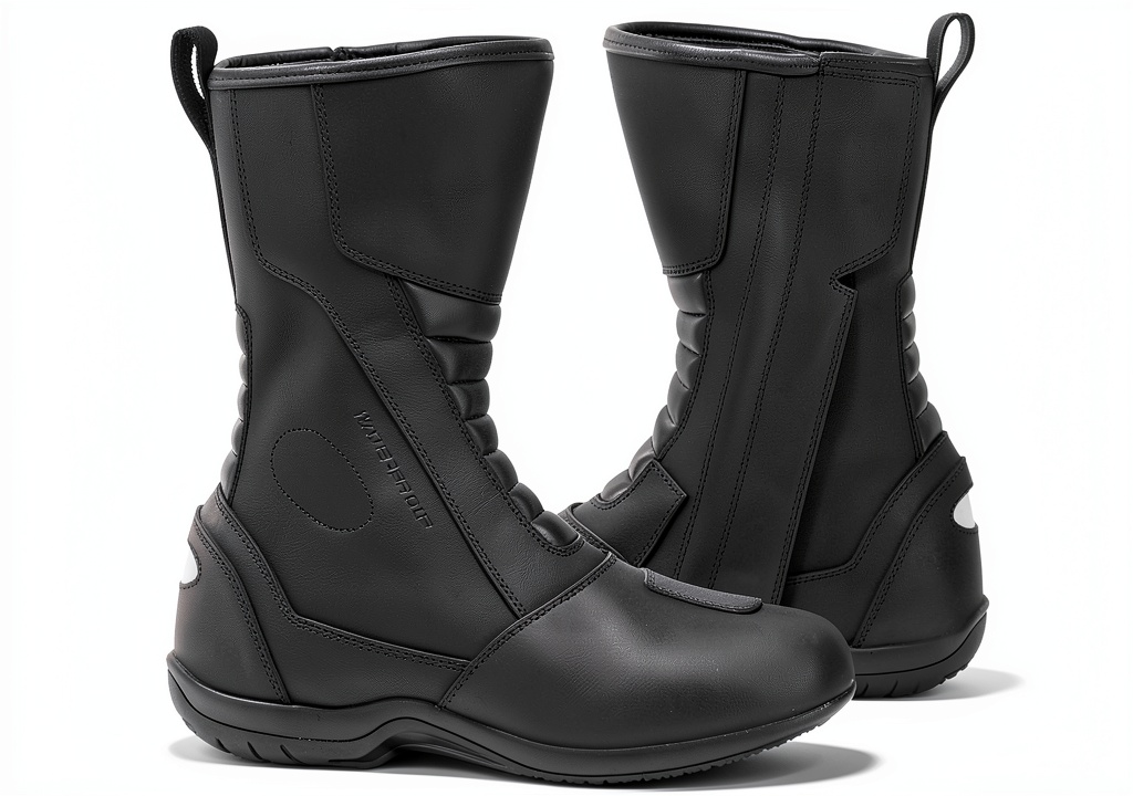 Rider wearing Saga Moto black leather motorcycle boots on a mountain trail